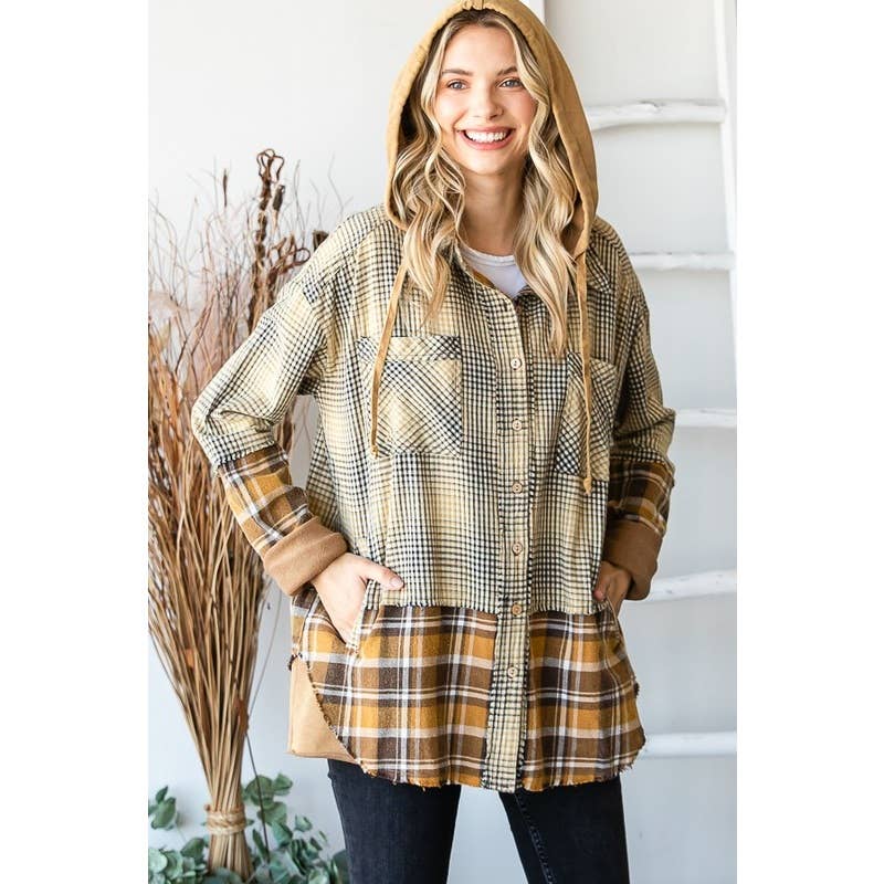 CAMEL COMBO WASHED PLAID MIXED HOODED BUTTON FRONT SHACKET for wholesale on Faire0