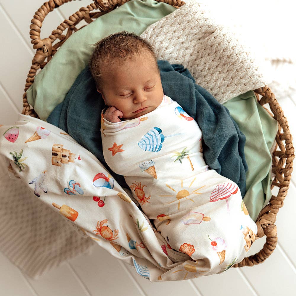 Snuggle Hunny - Vente Ensemble de langes – bébé - Ensemble de couverture et bonnet en jersey biologique Beach Fun3