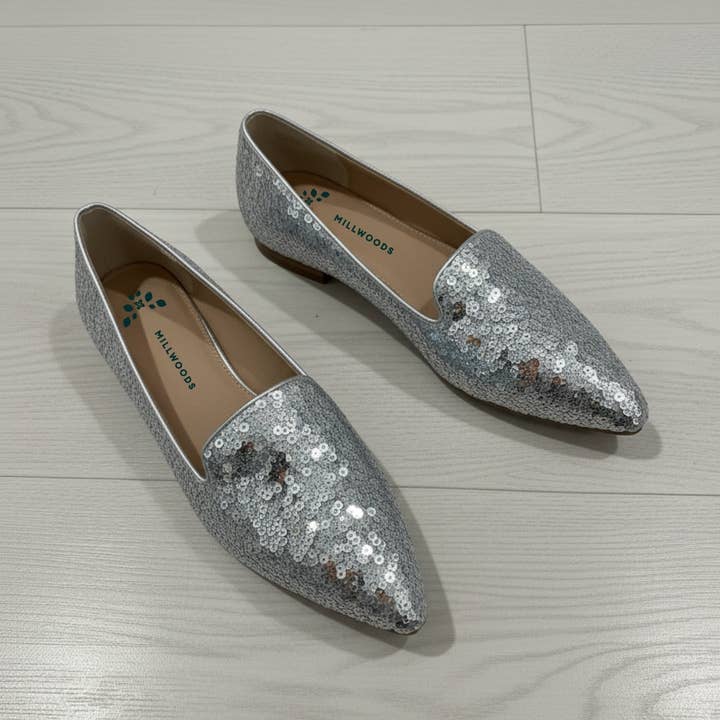 Poplar Pointed Flat - Silver Sequin for wholesale by Millwoods Shoes