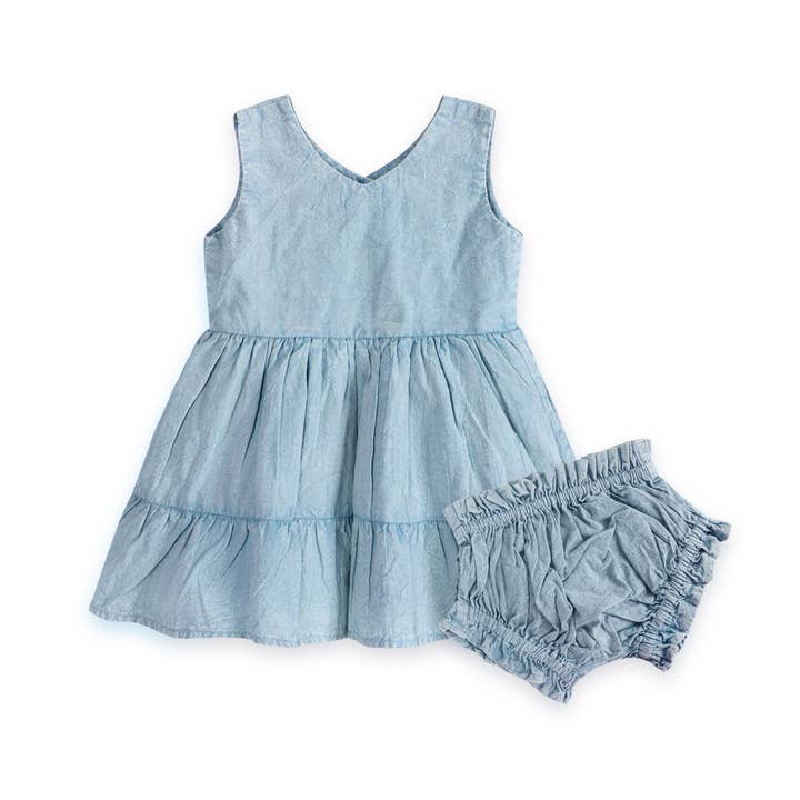 Robe bébé en denim doux lavé + bloomer (bio) pour la vente par Viverano Organics