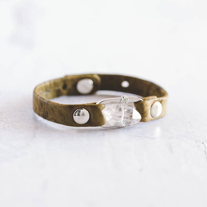 Giving Bracelets - Wholesale Bangle Bracelet - Desert Rose Leather Bracelet - Silver - Clear Quartz8