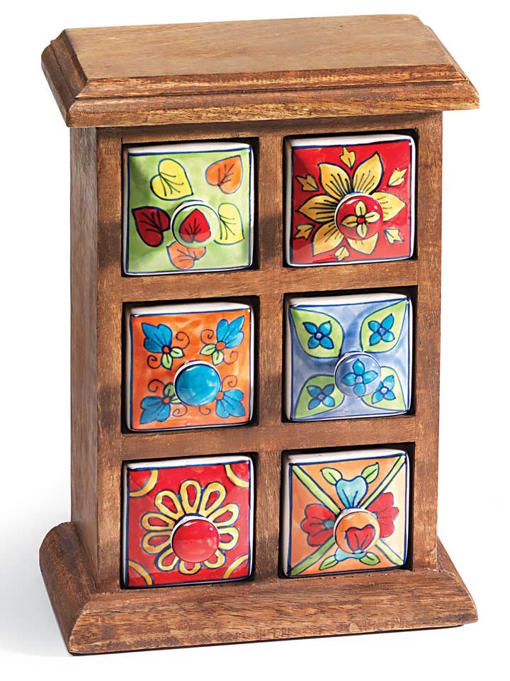 6 Drawer Ceramic Storage Chest, Mango Wood for wholesale by Namaste