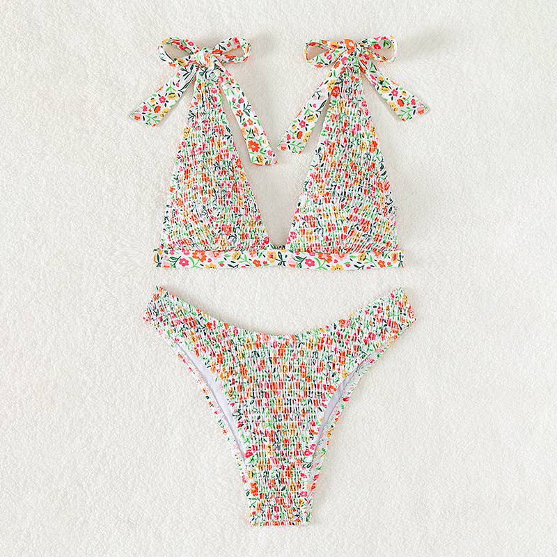 Plunge floral shoulder tie low rise thong bikini set for wholesale on Faire7