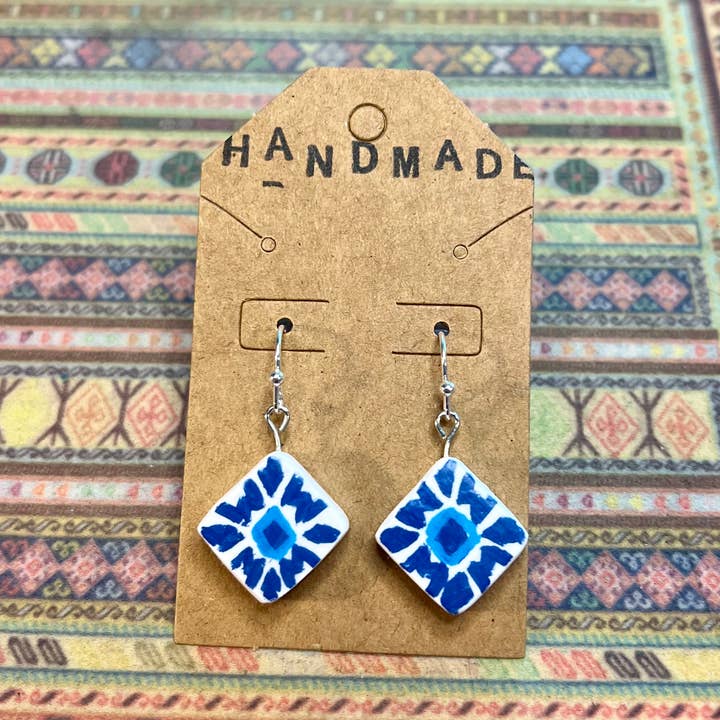 Brincos de Argila Feitos à Mão - Azul Diamante Quilt de Celeiro por atacado de Keely Siebenthal Art & Designs