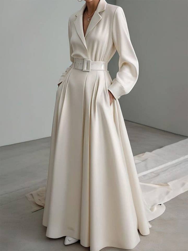 CREAM Long Sleeve No Belt Solid Notch-Collar Maxi for wholesale on Faire