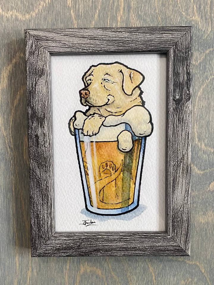Yellow Lab Light Lager, Drinking Buddy, Art Print for wholesale by Guerdrum Art