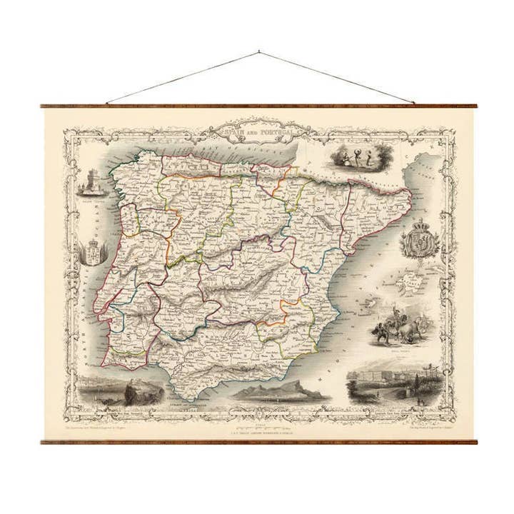 Map of Spain and Portugal Roll Down Vintage Canvas Decorative Europe Country Map Scroll for wholesale by Maps Vintage