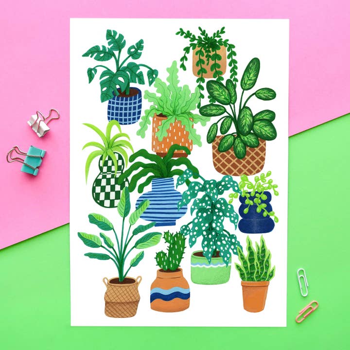 Houseplants Art Print | Botanical, plant, gardening, cosy for wholesale by Emily Peet Illustration
