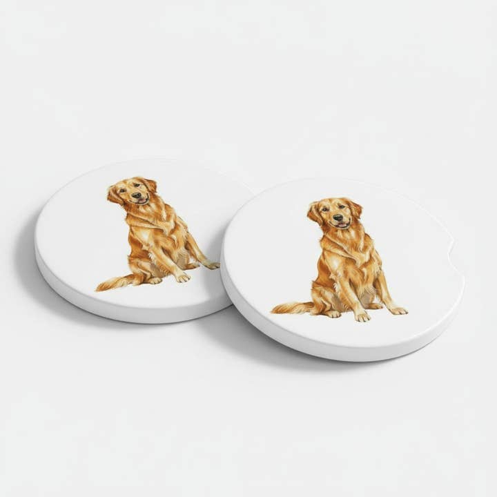 Golden Retriever Ceramic Car Coaster Set – Dog Lover Gift | Absorbent Car Cup Holder Inserts (Set of 2) for wholesale by Designs by Mysh