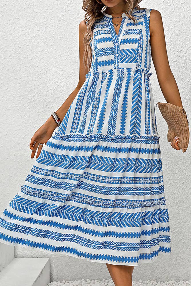 Blå Boho Blå Randig Knappad Ärmlös Maxiklänning BFZY994 för wholesale på Faire2