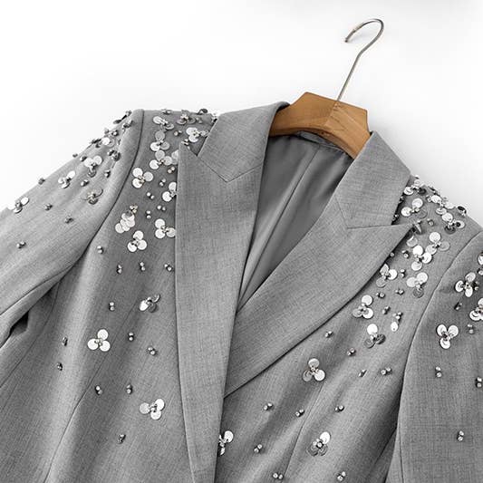 Color as pictures SET-12Y Gray Sequin Beaded Blazer and Skirt Two-Piece Suit for wholesale on Faire