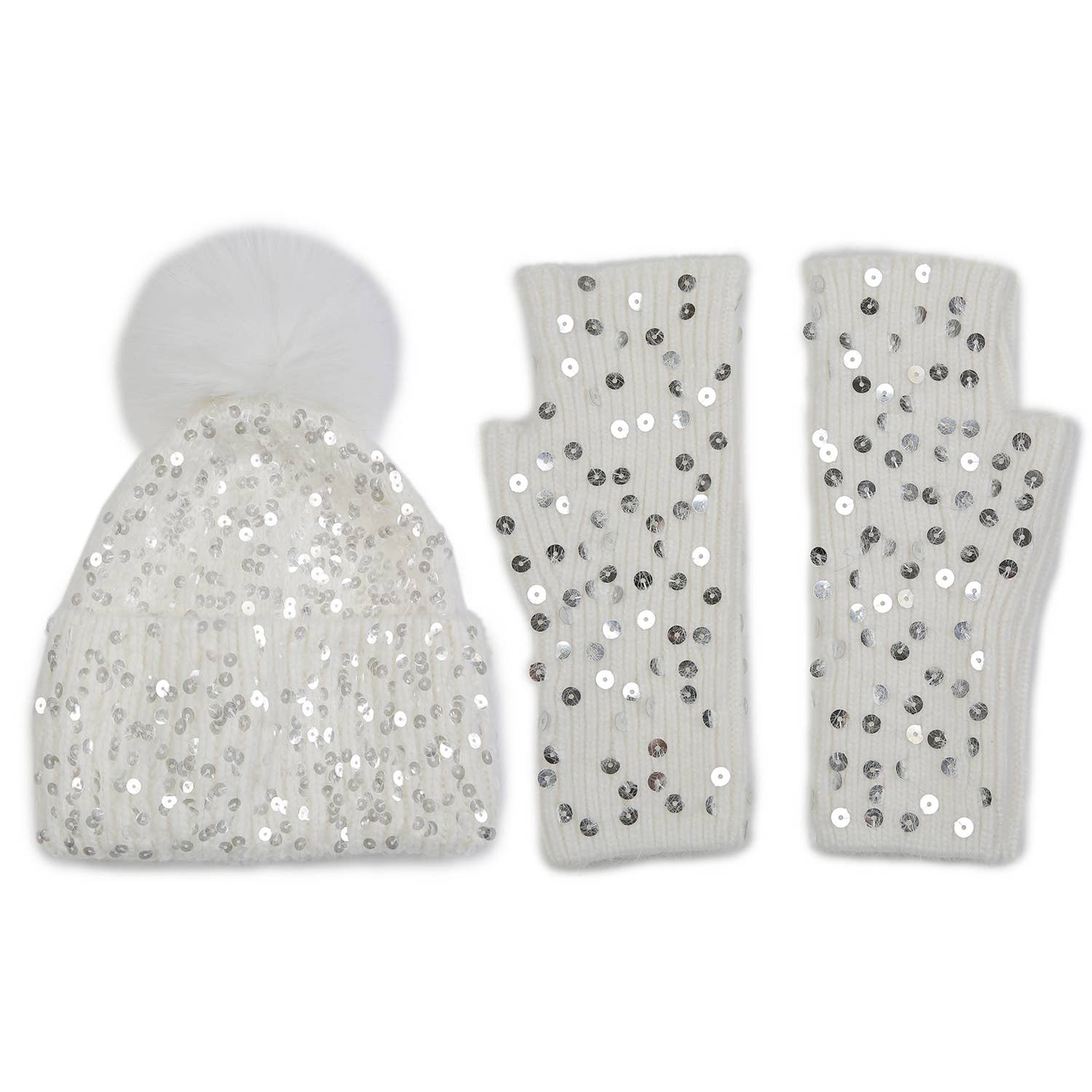PEACH ACCESSORIES – wholesale Winter accessory set – women's – Sequins Pompom Hat and Gloves Set SD117-11
