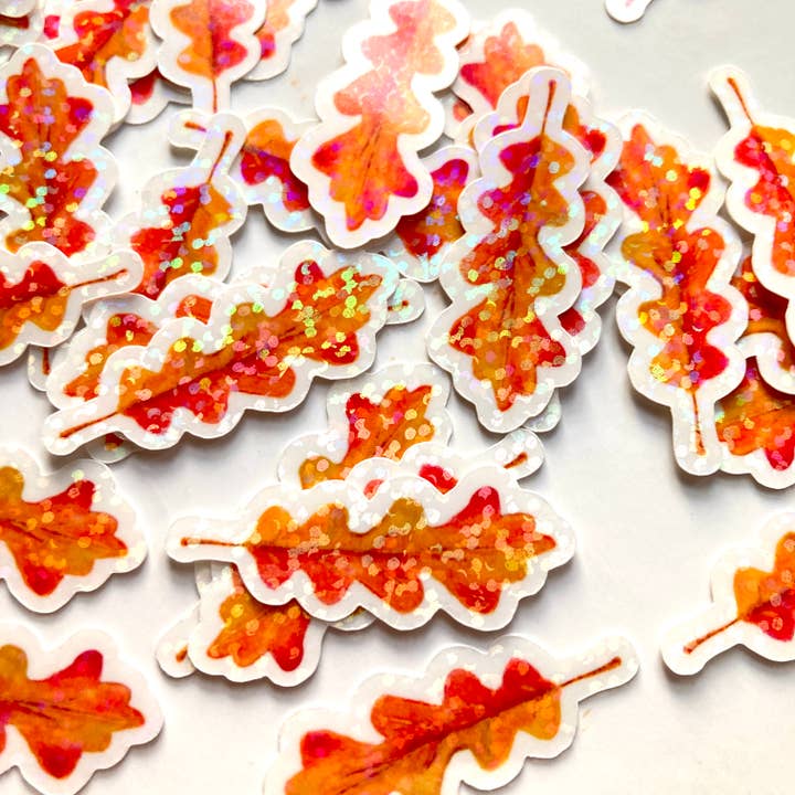 Pegatinas holográficas con purpurina en forma de mini hojas de roble para venta al por mayor de stickersbyjodi