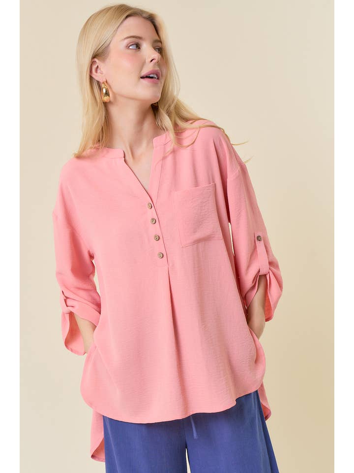 Doe and Rae - Wholesale Tunic - Women's - HALF BUTTON HI-LO BLOUSE - 43942T