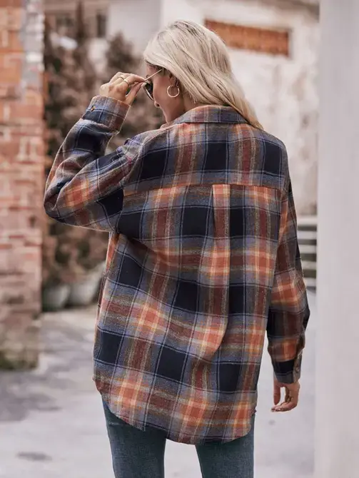 Lovesoft - Wholesale Button Down Shirt - Women's - Coffee Casual Fashion Oversized Loose Plaid Shirt9