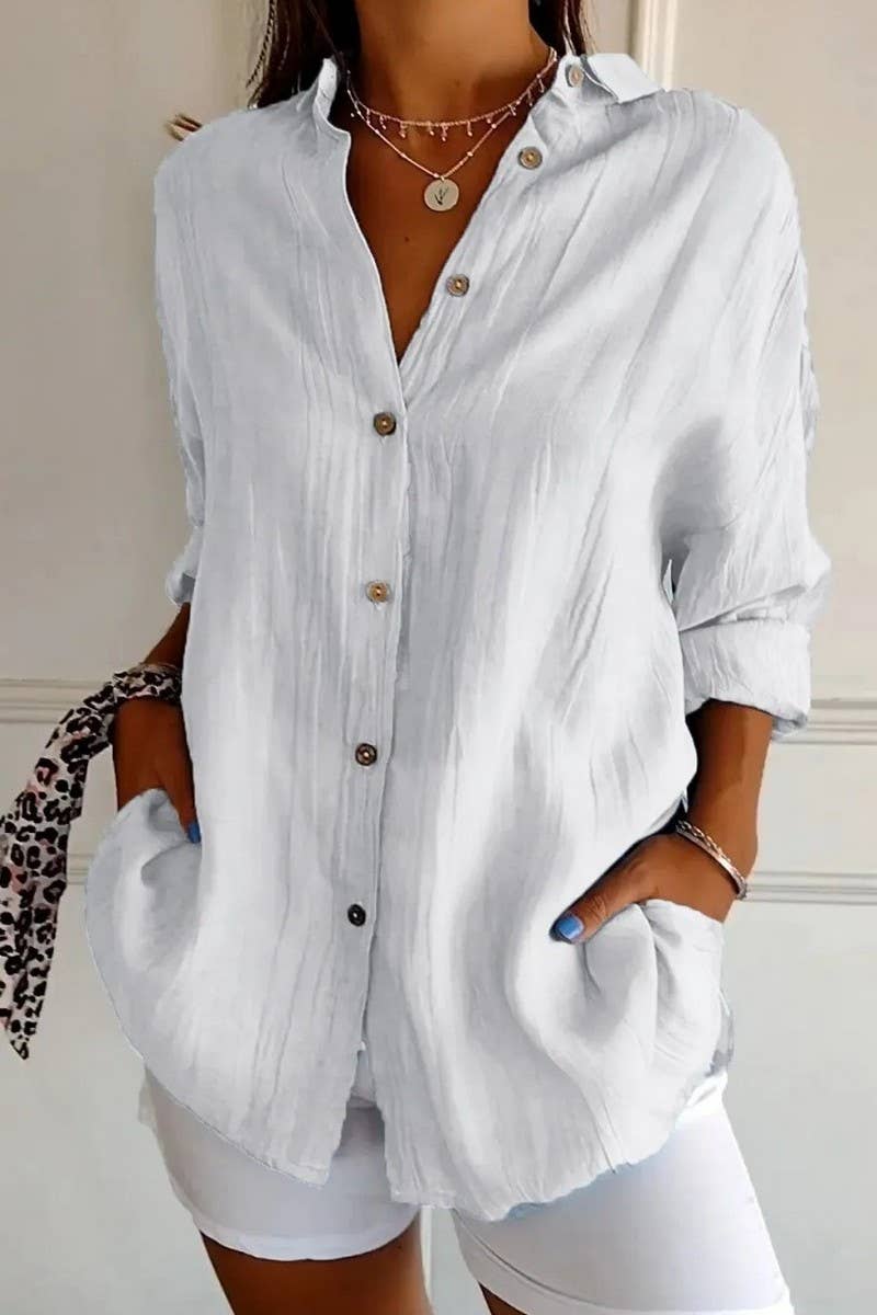 NINEXIS - Wholesale Shirt - Women's - CWTSTL2281_SOLID COLOR SINGLE BREASTED PLEATED LAPEL SHIRT2