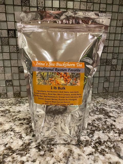 Thé à l'argousier d'Irina en sachet de 1 lb pour la vente par Irina's Seabuckthorn Tea