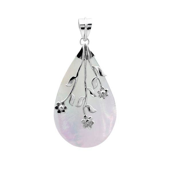 Bali Designs - Wholesale Pendant/Charm Necklace - AP-1047-SH Sterling Silver Mother Of Pearl Teardrop Pendant With Floral Branch Overlay