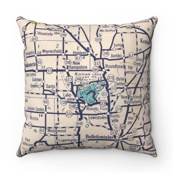 Indian Lake Ohio Map Pillow – 18" Square Throw Pillow for wholesale by Daisy Mae Designs
