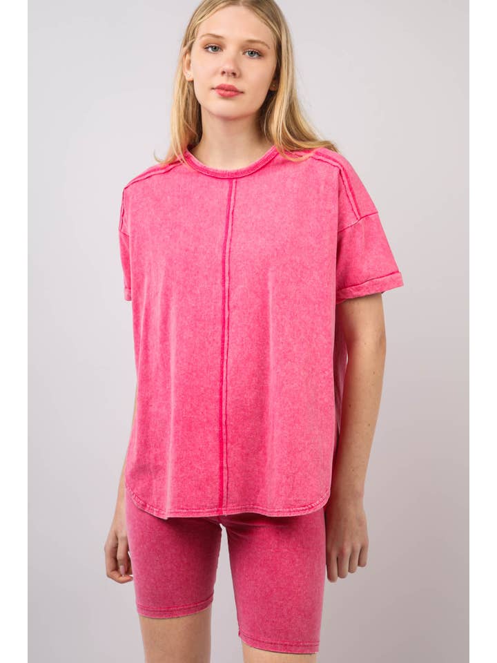 VERY J - Wholesale Activewear Set - Women's - NT11590SET-Washed Stretchy Knit Activewear Top & Shorts