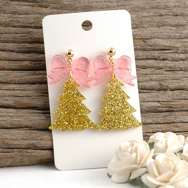 Christmas Tree Earrings | with Bow Dangle Post - Acrylic for wholesale by Rocky Mountain Shops