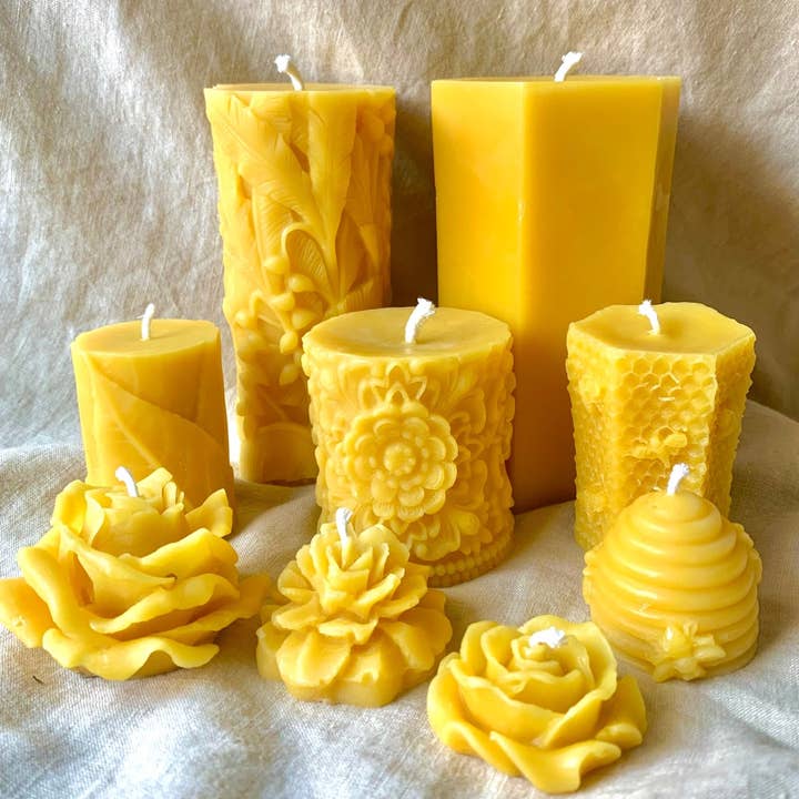 Buzz In The Hills - Wholesale Pillar Candle - Flower Mandala, 100% Beeswax Candle, Pillar