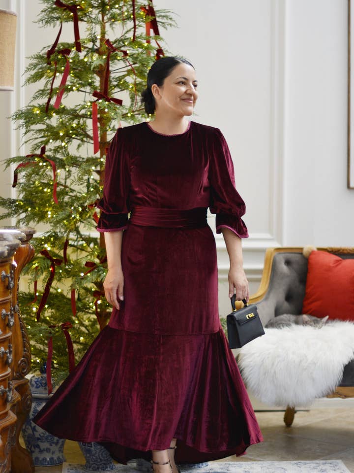 Vestido de terciopelo burdeos Montreal para venta al por mayor de Skirt Society