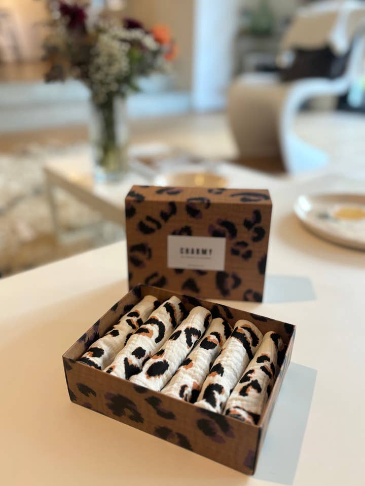 Juego de 6 Servilletas de cóctel - Leopardo Crudo - gasa de algodón - fabricadas en Francia para venta al por mayor de CHARMY