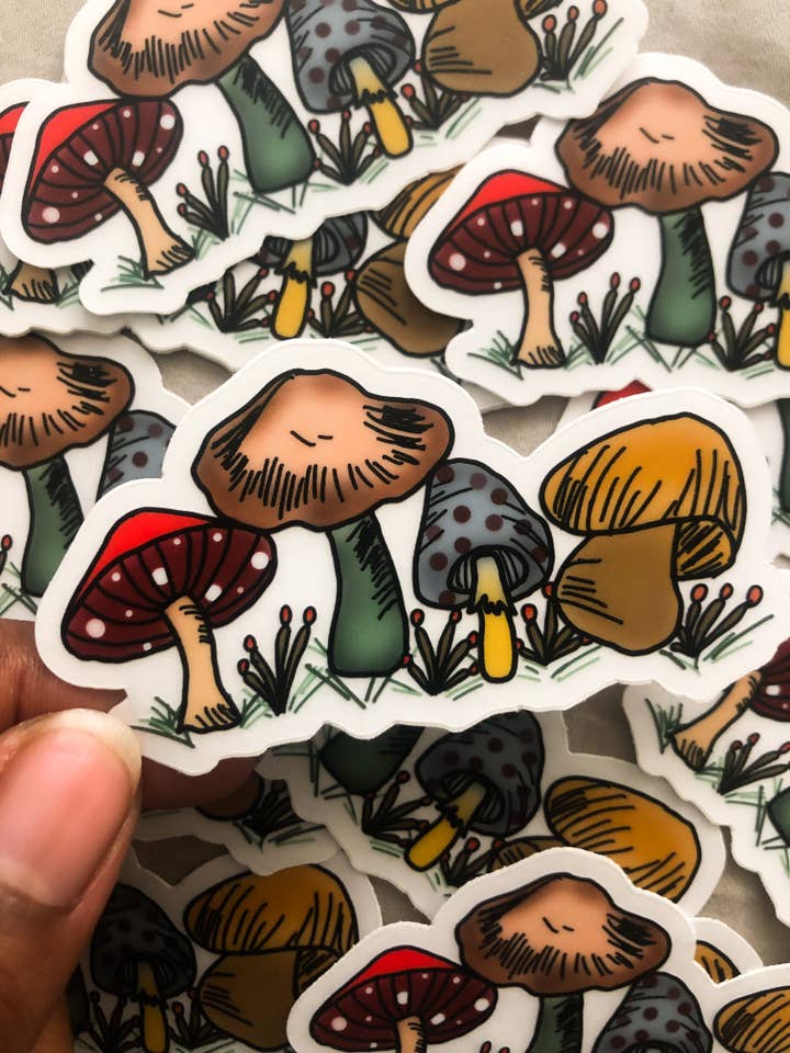 Mushroom clear sticker for wholesale by Alex Greco Lettering