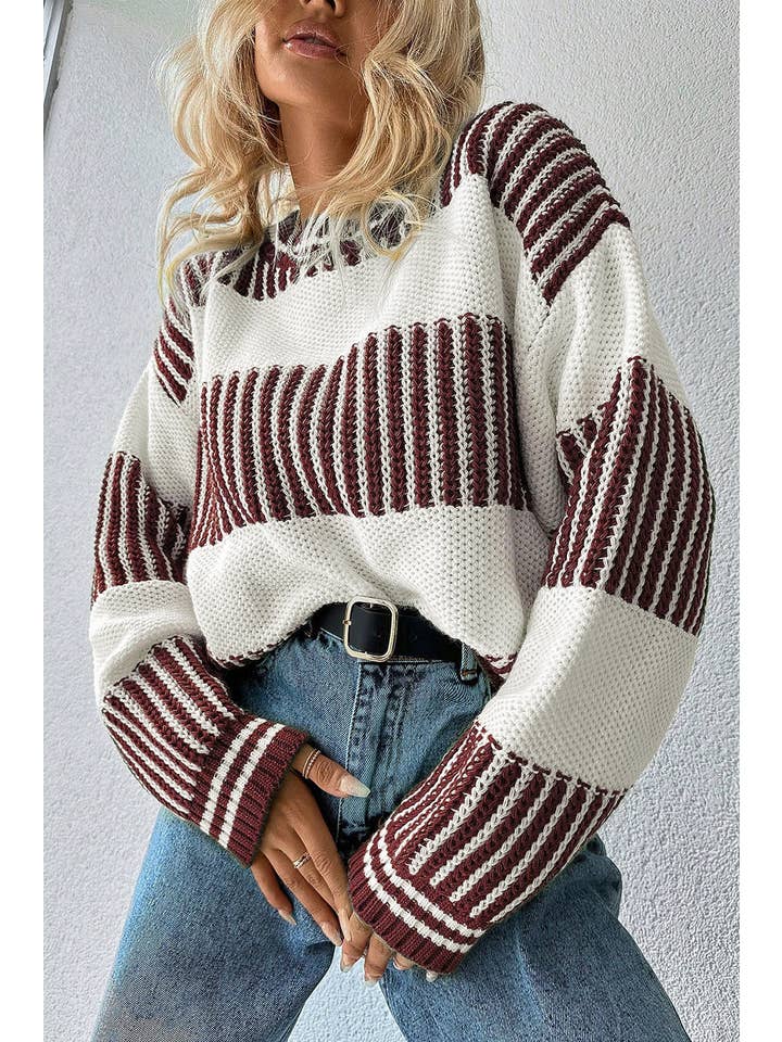 66DISCO - Wholesale Knit Sweater - Women's - Two Tone Striped Patchwork Drop Shoulder Loose Sweater1