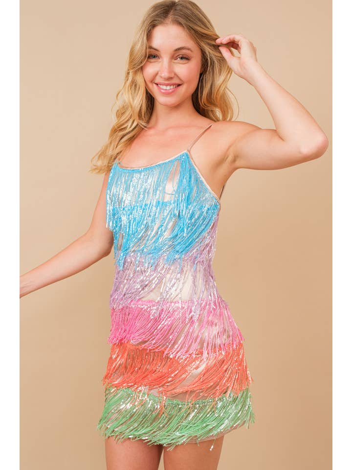 RAINBOW 50070D-Rainbow Sequin Metallic Fringe Tiered Cami Mini Dress for wholesale on Faire2