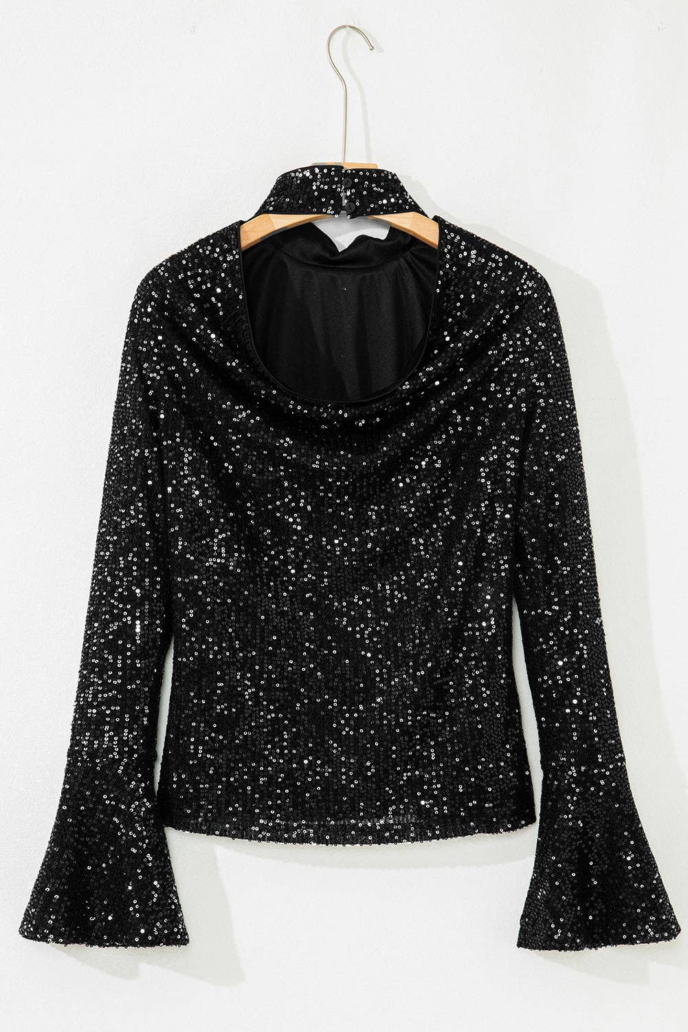 Lovesoft - Wholesale Knit Top - Women's - Black Sequin Mock Neck Drape Open Back Bell Sleeve Top4