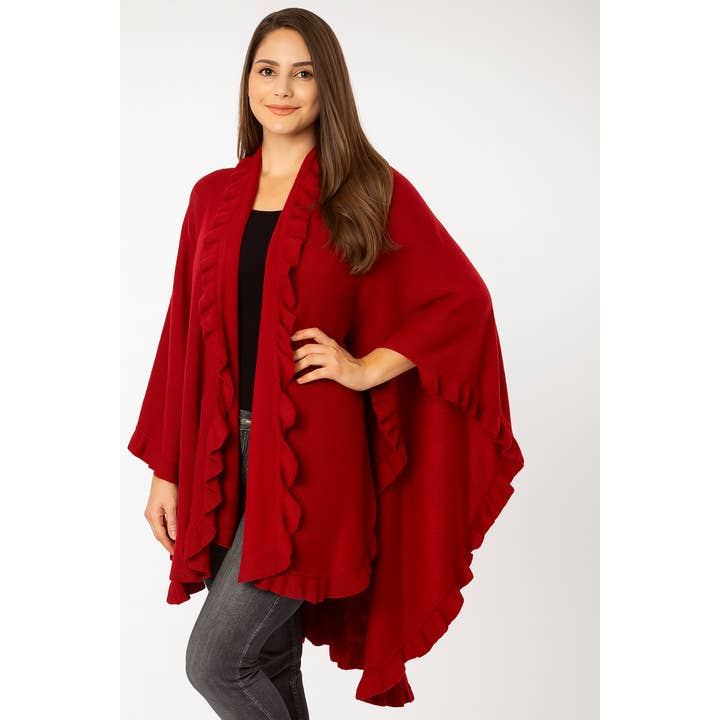 Capa poncho cálida abierta de punto con ribete rojo carmesí. para venta al por mayor de Fennco Styles