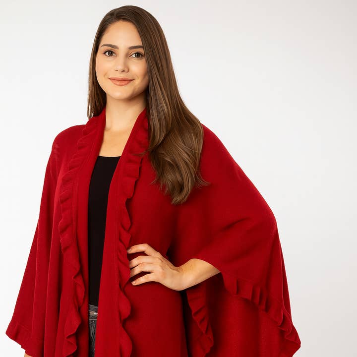 Crimson Red Trim Knit Open Front Warm Poncho Cape for wholesale by Fennco Styles