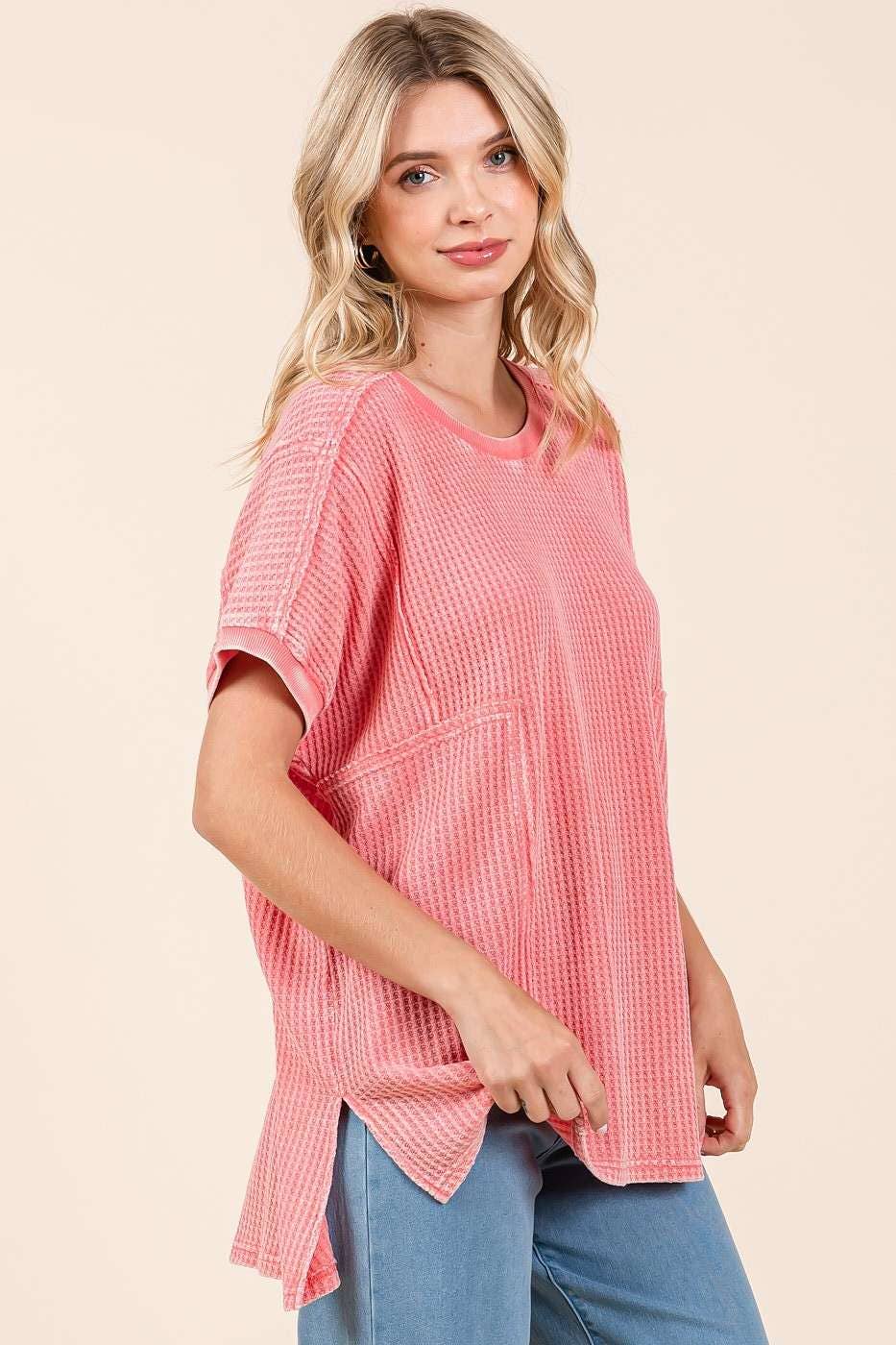 mittoshop - Wholesale Tunic - Women's - MINERAL WASH WAFFLE KNIT SEAM DETAIL TUNIC TOP3