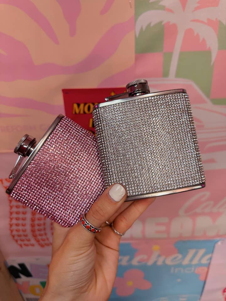 Fiaschetta rosa/argentata con strass da 6 once in acciaio inossidabile per la vendita all'ingrosso da parte di Happy Hour