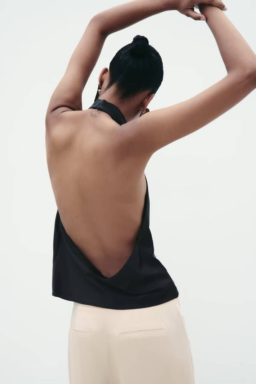 Negro Ropa de mujer para primavera/verano, halter, seda satinada, textura de satén, blusa corta, sin espalda de venta al por mayor en Faire2