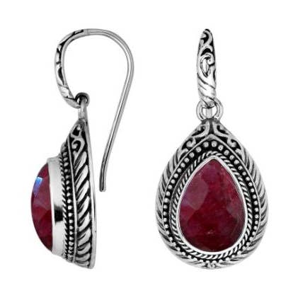 AE-8028-RB Sterling Silver Ruby Quartz Teardrop Earwire Earrings With Ornate Hand-Carved Silver Detailing For Wholesale for wholesale by Bali Designs