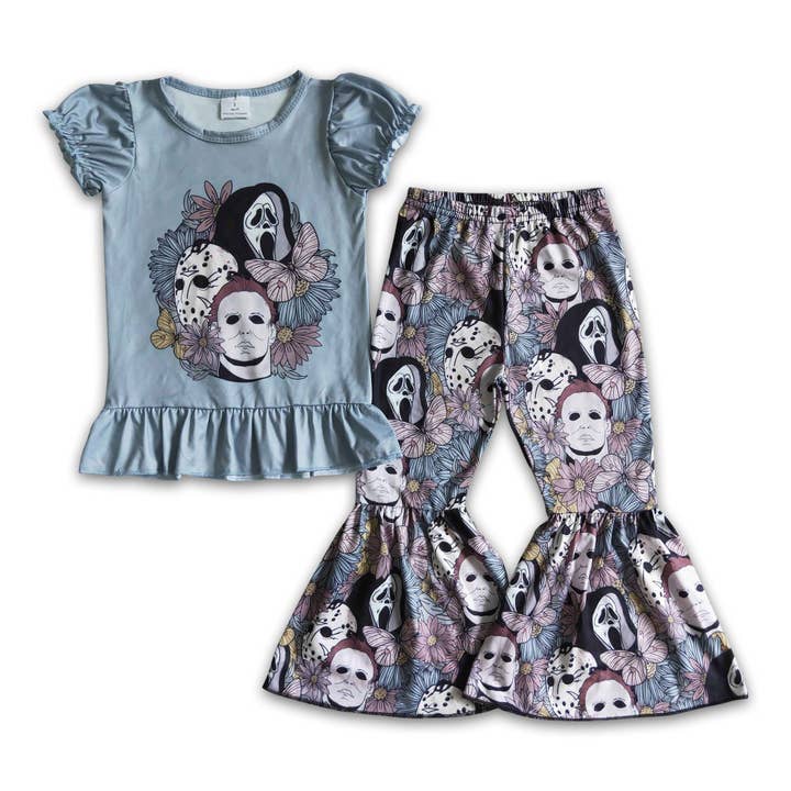 Scream floral bell bottom set girls Halloween clothes for wholesale by Yawoo Garments