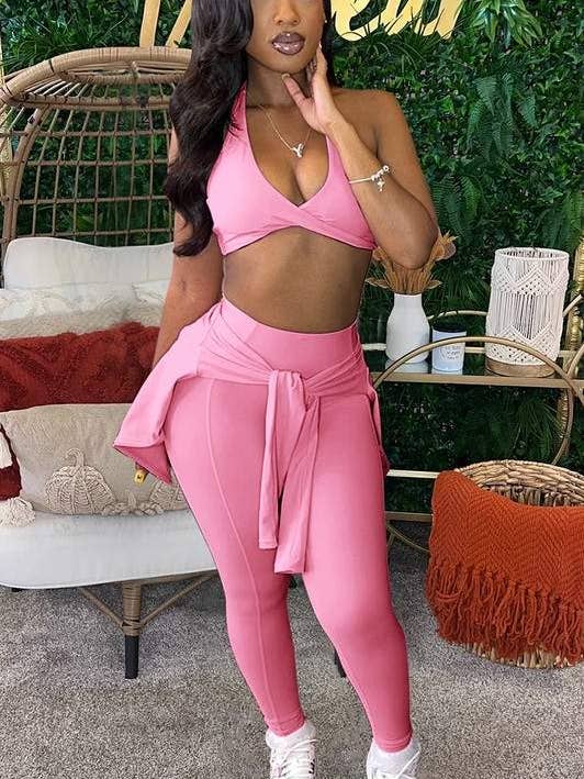 Queen Fashion - Wholesale Top & Pant Set (NOT Loungewear) - Women's - 3 Piece Women'S Outfit Set Halter Crop Top Pants Set11