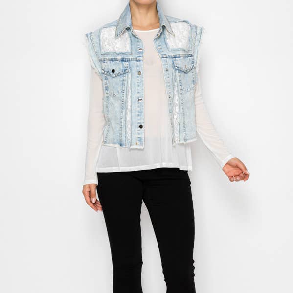 DENIM VEST WITH LACE DETAILS OLS-4938DENIM for wholesale by Origami Apparel ~ Lace and Crochet inspired
