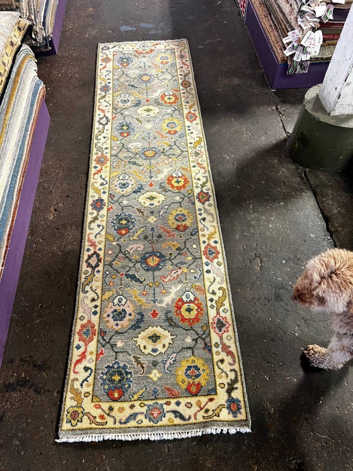 Lolita Canary 2.6x10 Grey and Ivory Hand-Knotted Runner Rug for wholesale by Banana Manor Rug Co.