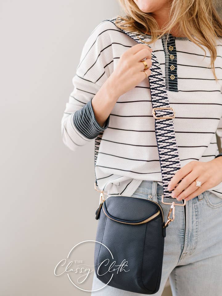 Corinne Crossbody Bag - Navy - Navy White Zig Zag Stripe RTS for wholesale by The Classy Cloth WS