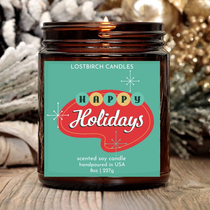 Happy Holidays Retro Label Candle for wholesale by LOSTBIRCH