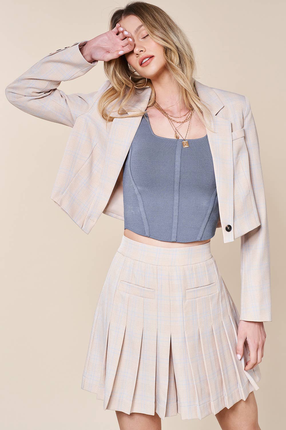 Listicle - Wholesale Top & Short Set (NOT Loungewear) - Women's - Plaid Cropped Blazer & Pleated Skort Set LSET12531