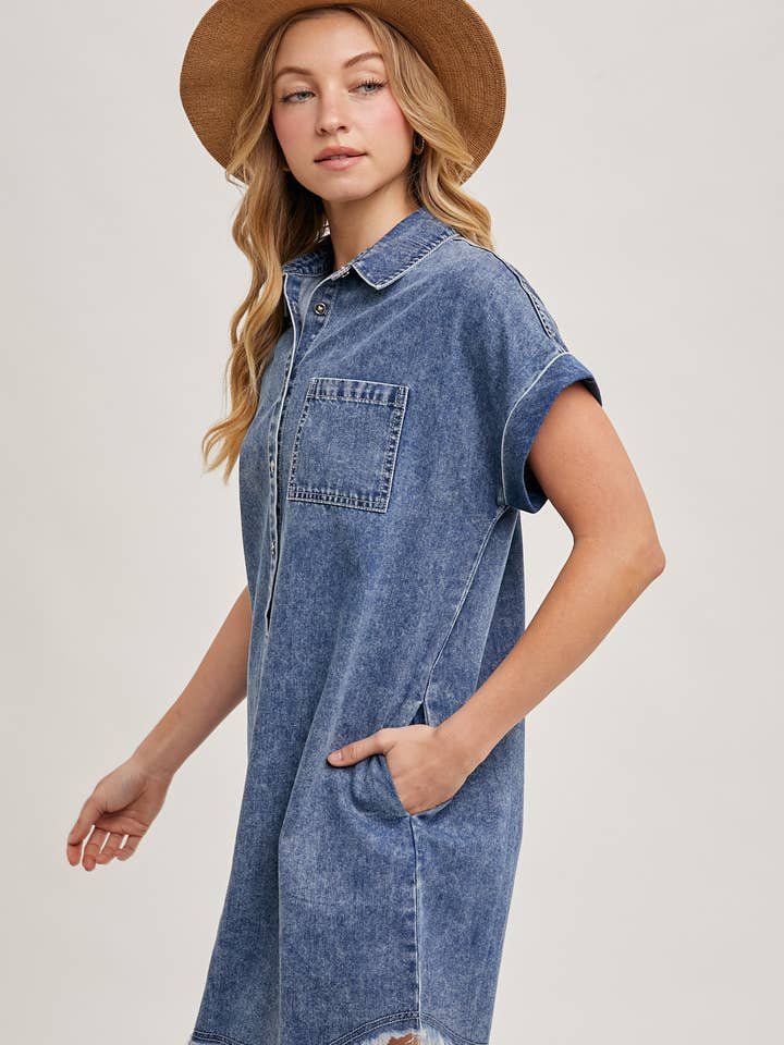 Bluivy - Wholesale Dress - Women's - FRAYED HEM DENIM SHIRT DRESS