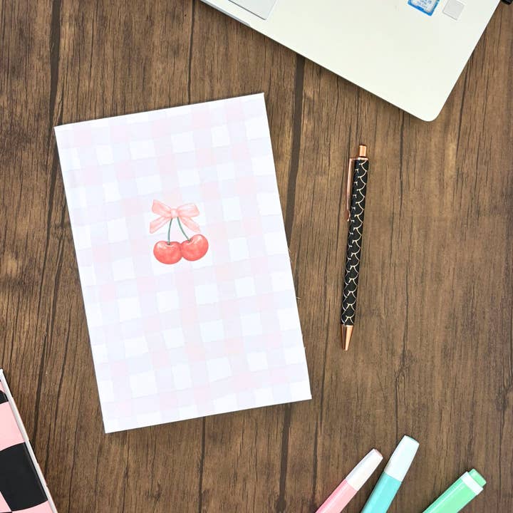 Wonky Paper Co - Wholesale Notebook - Handmade A5 Pink Check Notebook With Cherry Bow & Dot Grid