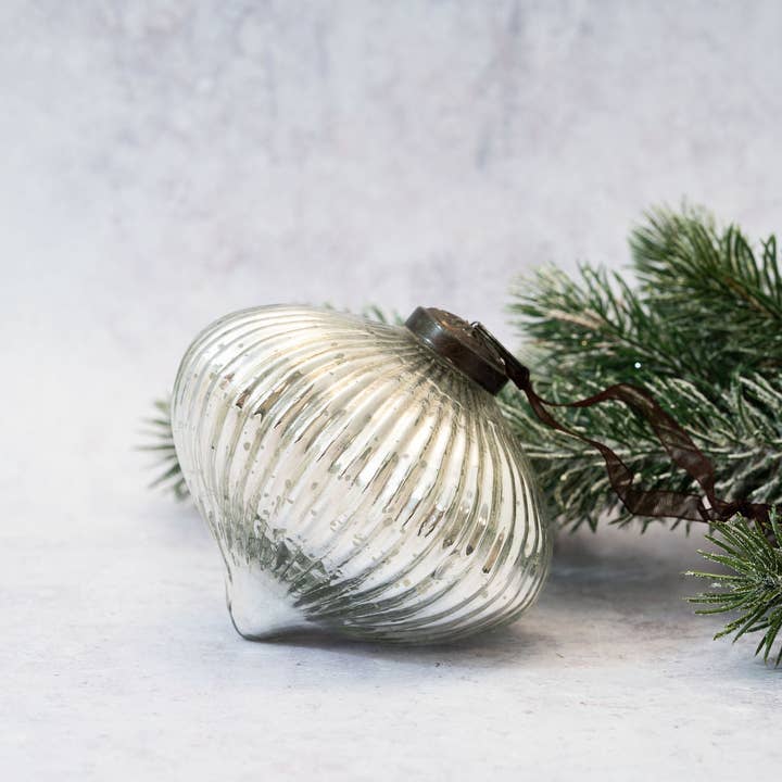 4" Silver Ribbed Lantern Glass Christmas Decoration for wholesale by Bollywood Christmas