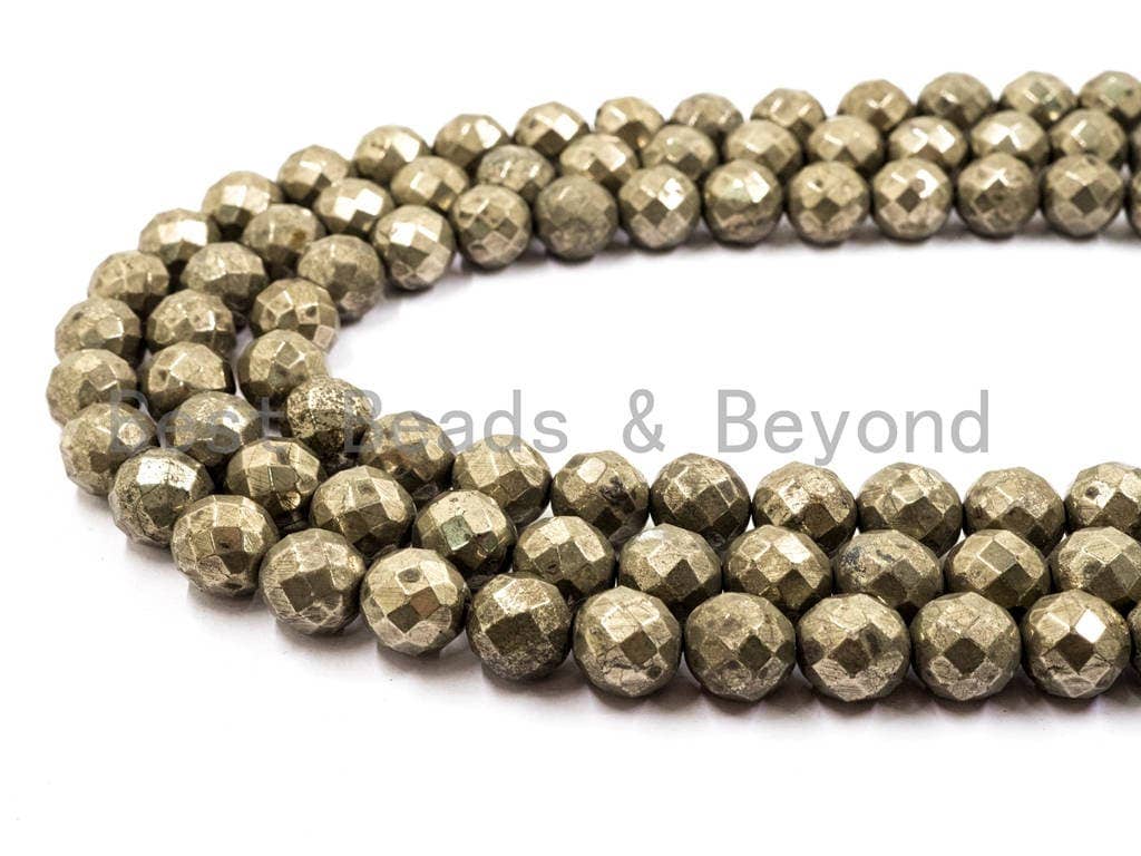 BestBeads&Beyond - Wholesale Beads - Quality Natural Pyrite 2mm/3mm/4mm/6mm/8mm/10mm/12mm/14mm/16mm beads, Round Faceted Pyrite Gemstone Beads, 15inch strand, SKU#W24