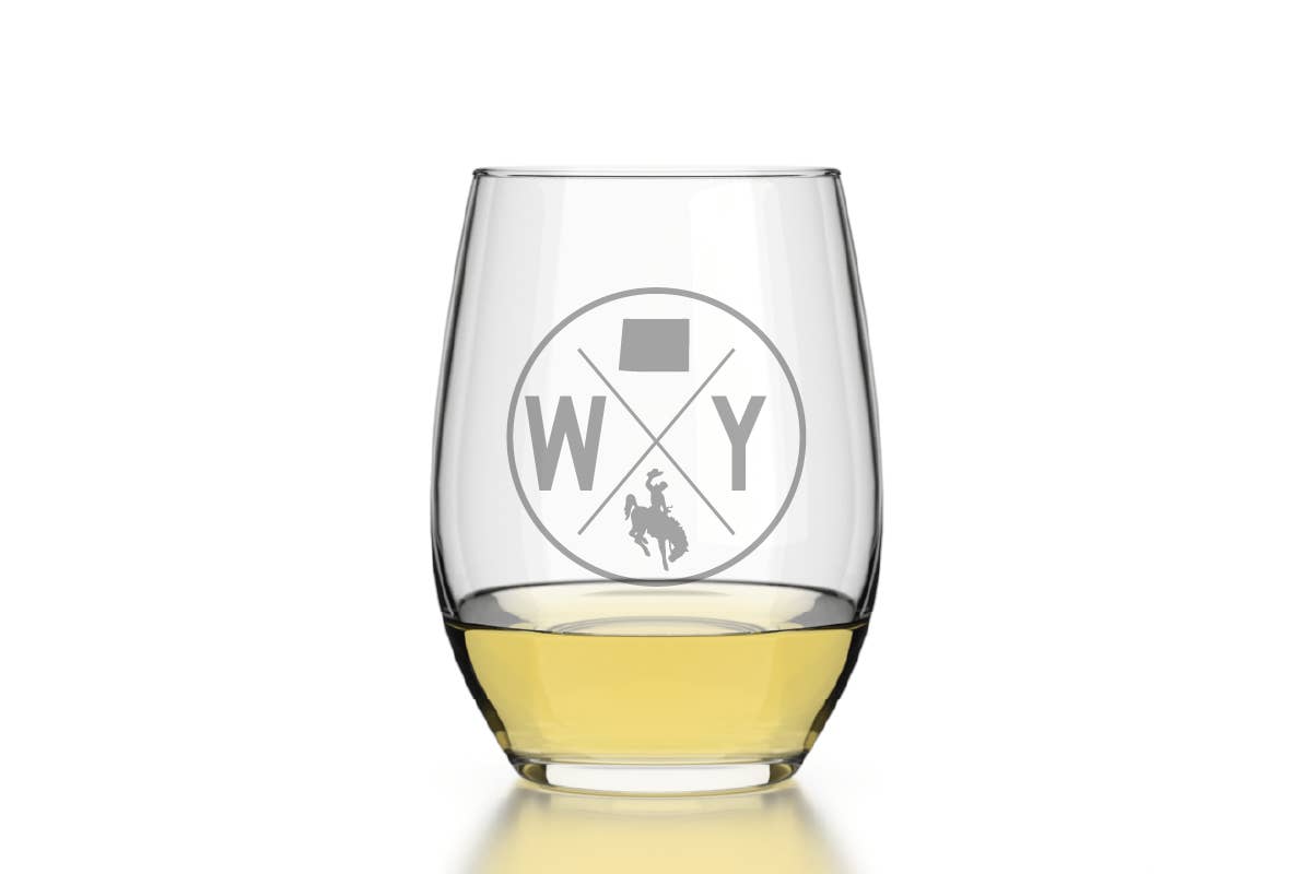Well Told - Wholesale Wine Glass - Wyoming - State Emblem - Etched Stemless Wine Glass - 16 oz
